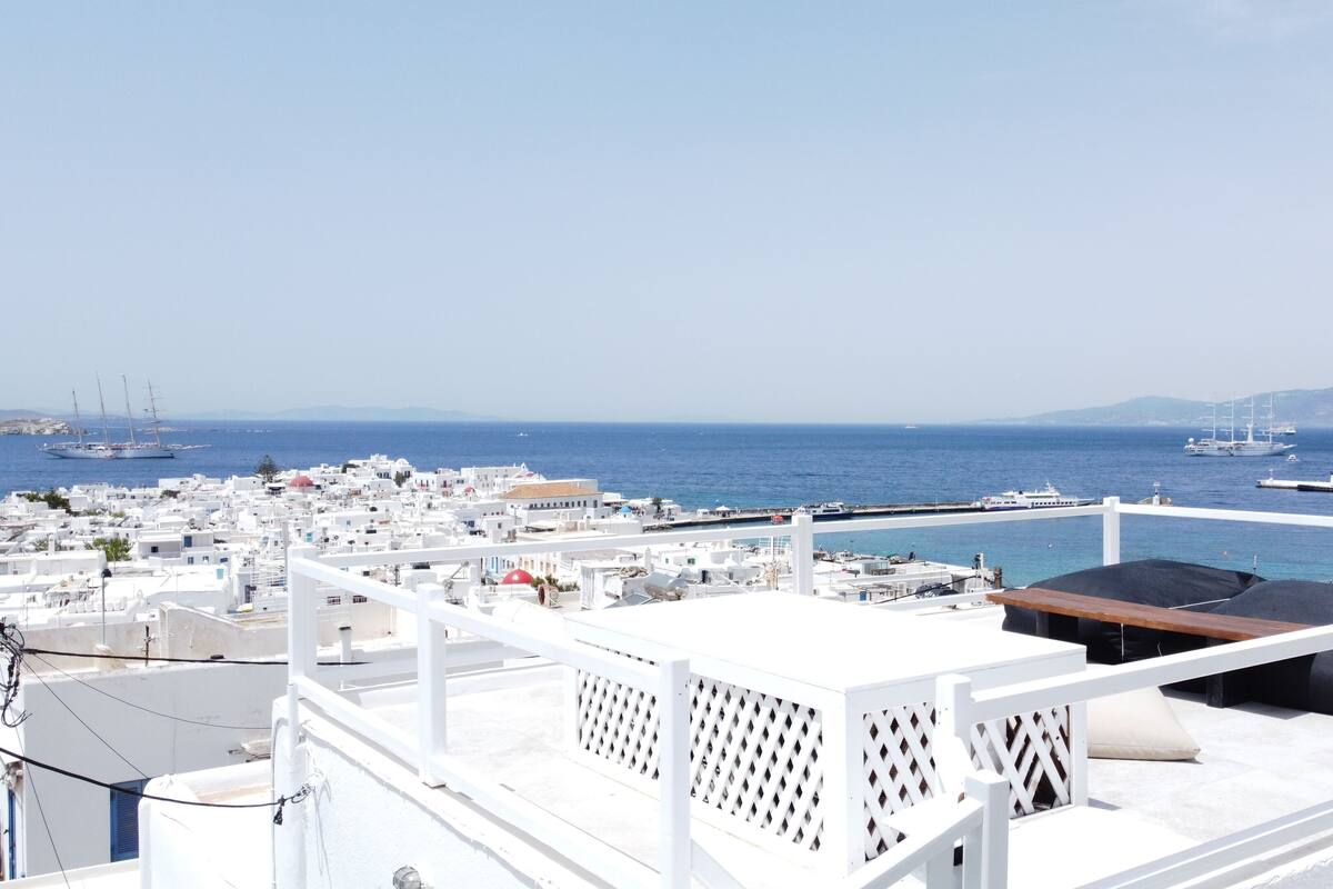 A rooftop terrace with a view of the sea and boats, white buildings, and a clear sky.