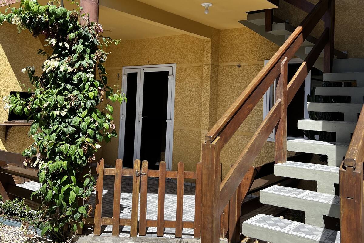 A wooden staircase leading to a second floor, with a small garden area and a door at the bottom.