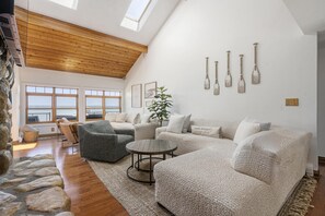 Smart TV, fireplace, books