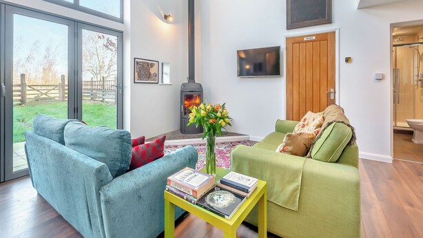 A modern living room with two sofas, a fireplace, a TV, and a large window overlooking a garden.