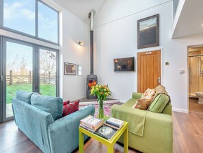 Un saló modern amb dos sofàs, una llar de foc, una televisió i una finestra gran amb vista a un jardí.