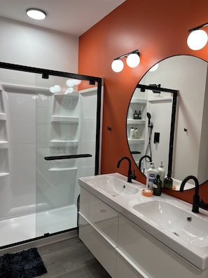 Hair dryer, towels, soap, shampoo