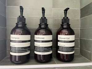Shower, hair dryer, towels, soap