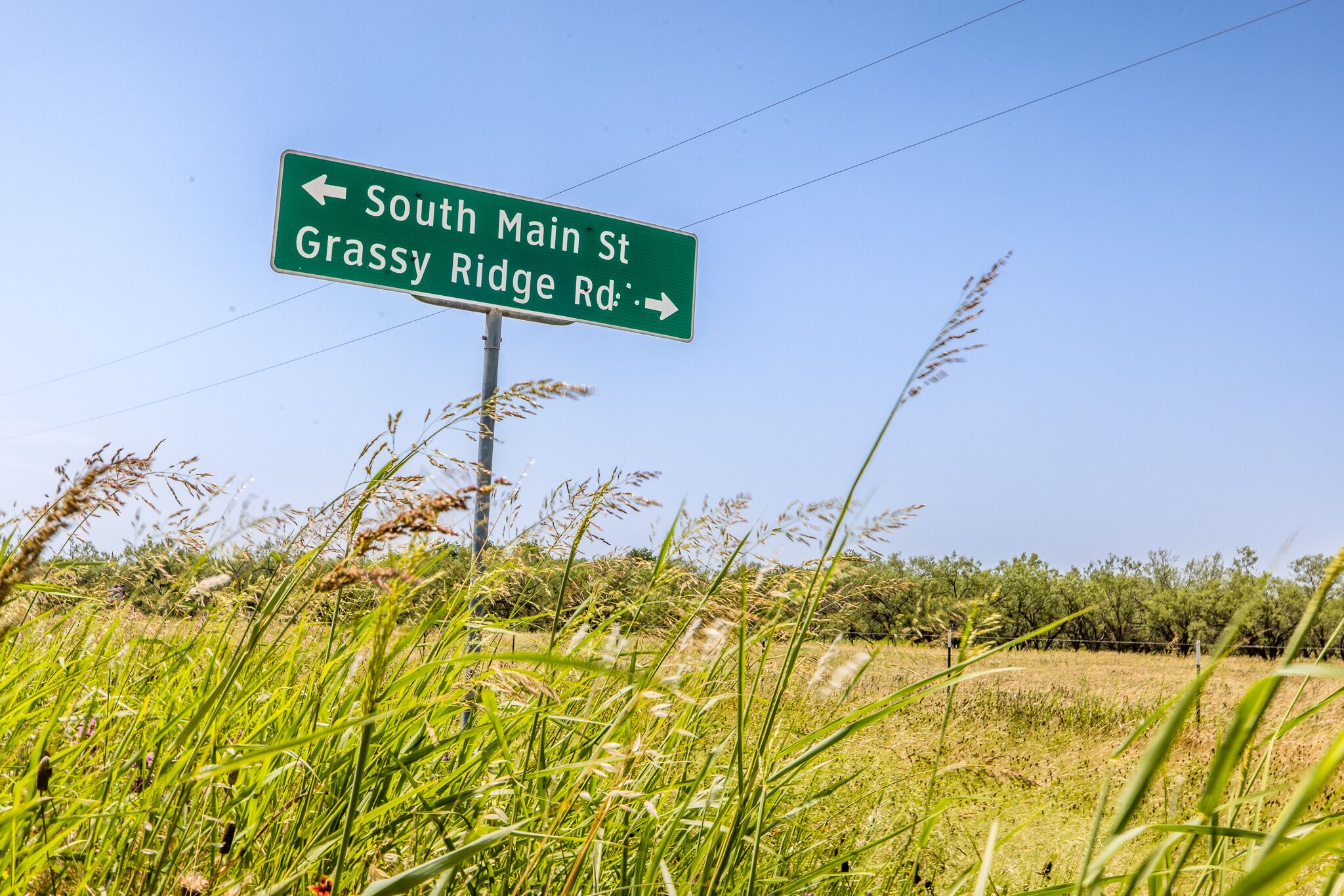Un panneau de signalisation routière indiquant la direction à suivre, avec des flèches pointant vers la gauche pour South Main St et vers la droite pour Grassy Ridge Rd.