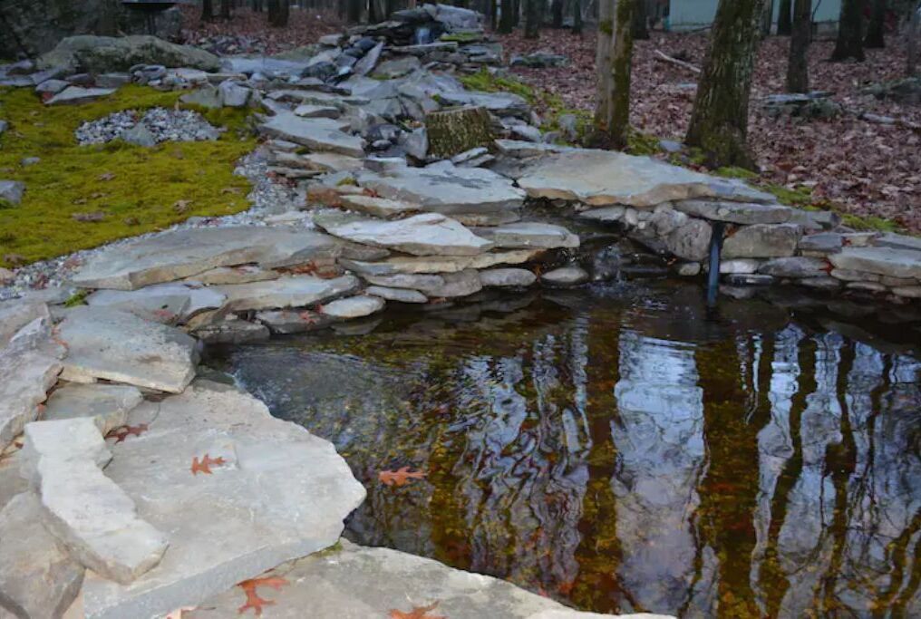 Un sendero de piedra que conduce a un estanque con una pequeña cascada, rodeado de rocas y musgo.