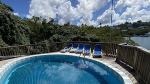 Una piscina circular con azulejos azules, rodeada por una terraza de madera y una barandilla metálica.