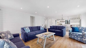 TV, fireplace, books, offices