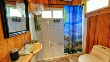 Deluxe huisje | Badkamer | Een douche, een haardroger, handdoeken, zeep