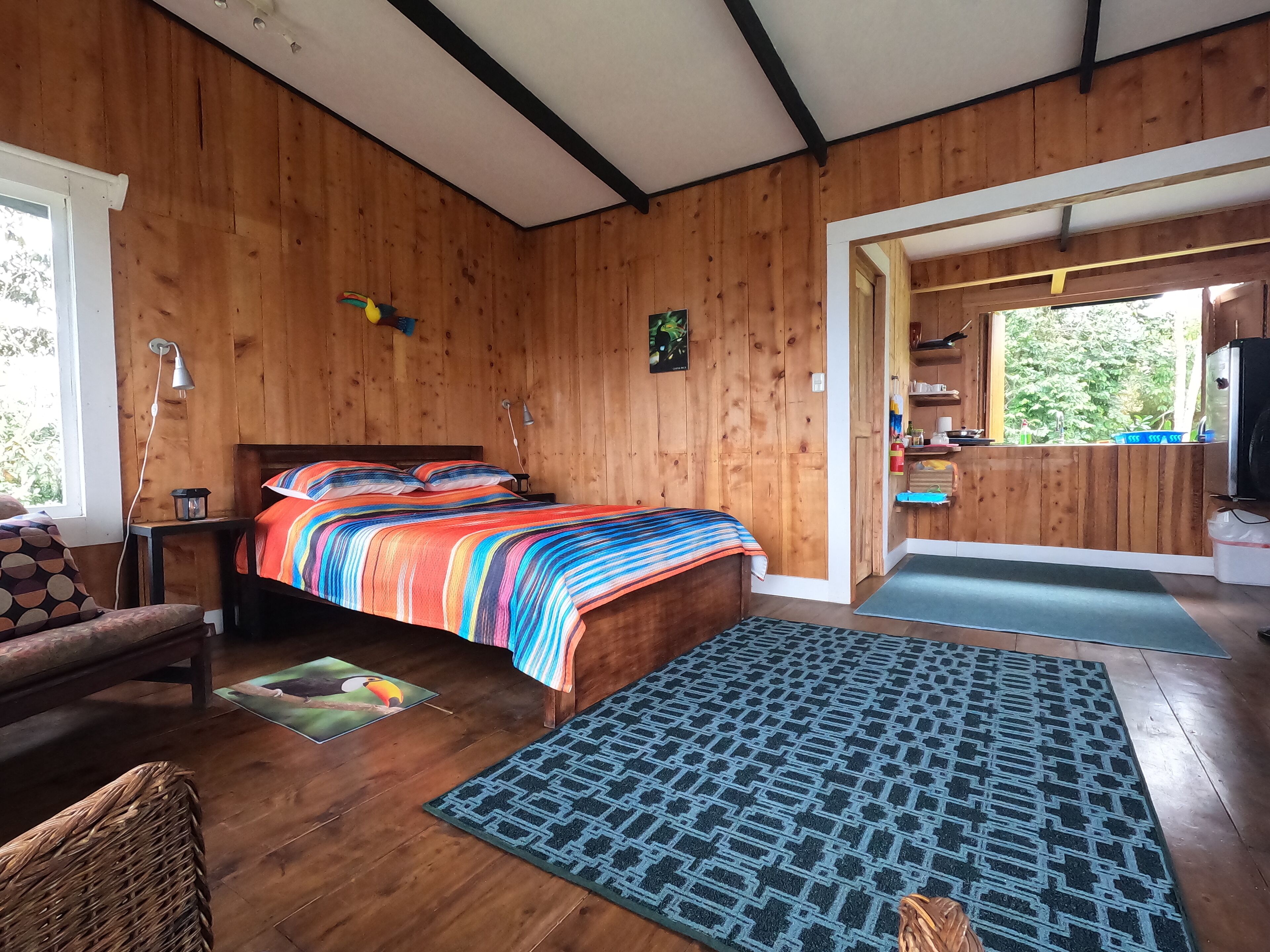 Una habitación de madera con una cama, una silla, una alfombra y un ventanal.