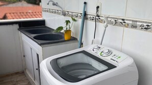 Une petite buanderie équipée d’un lave-linge à chargement frontal, d’un petit évier et d’une plante en pot.