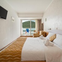Quarto de hotel com uma cama, uma cadeira, uma televisão e vista para a água.