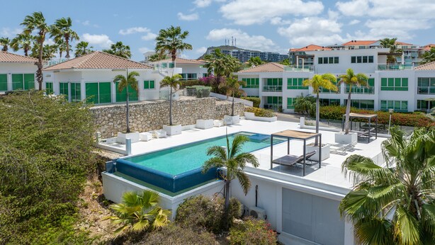 A rooftop pool area with a clear blue pool, surrounded by white buildings with green shutters, palm trees, and a view of a distant building with a red roof. - Electricity Included in rental price! (Willemstad)