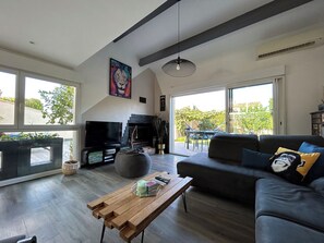 TV, fireplace, DVD player, books