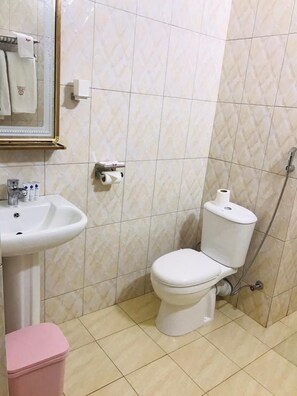 A bathroom with a white sink, toilet, and a pink trash bin.