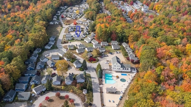 Vista aérea de una zona residencial con casas, una piscina y un camino central.