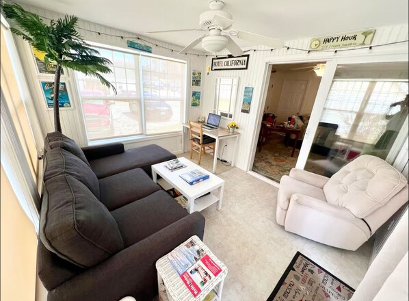 Smart TV, fireplace, books