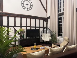 Smart-tv, een open haard, boeken en een computerscherm