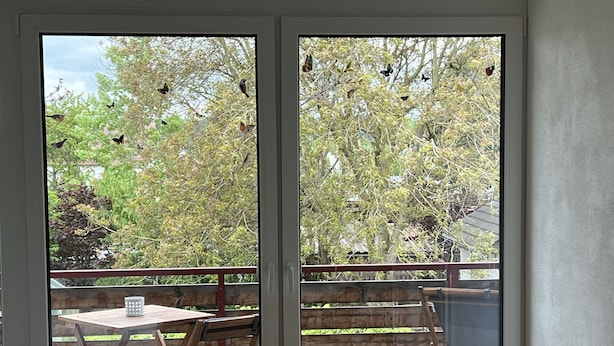 A balcony with a table and chairs, overlooking a garden with trees and a building in the background. - Vacation apartment "Saumpfad" 25 minutes to Legoland (Horgau)