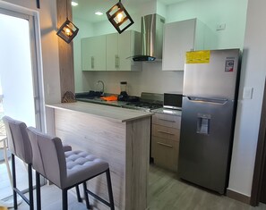 Business Apartment | Private kitchen | Full-size fridge, microwave, oven, stovetop - Shanti Tower II 10-D (Santo Domingo)