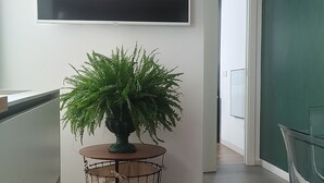 A hallway with a potted plant, a red rug, a TV mounted on the wall, and a green chalkboard. - PENTHOUSE ON CATANIA HARBOR AND VOLCANO VIEW A FEW STEPS FROM CATHEDRAL (Catania)