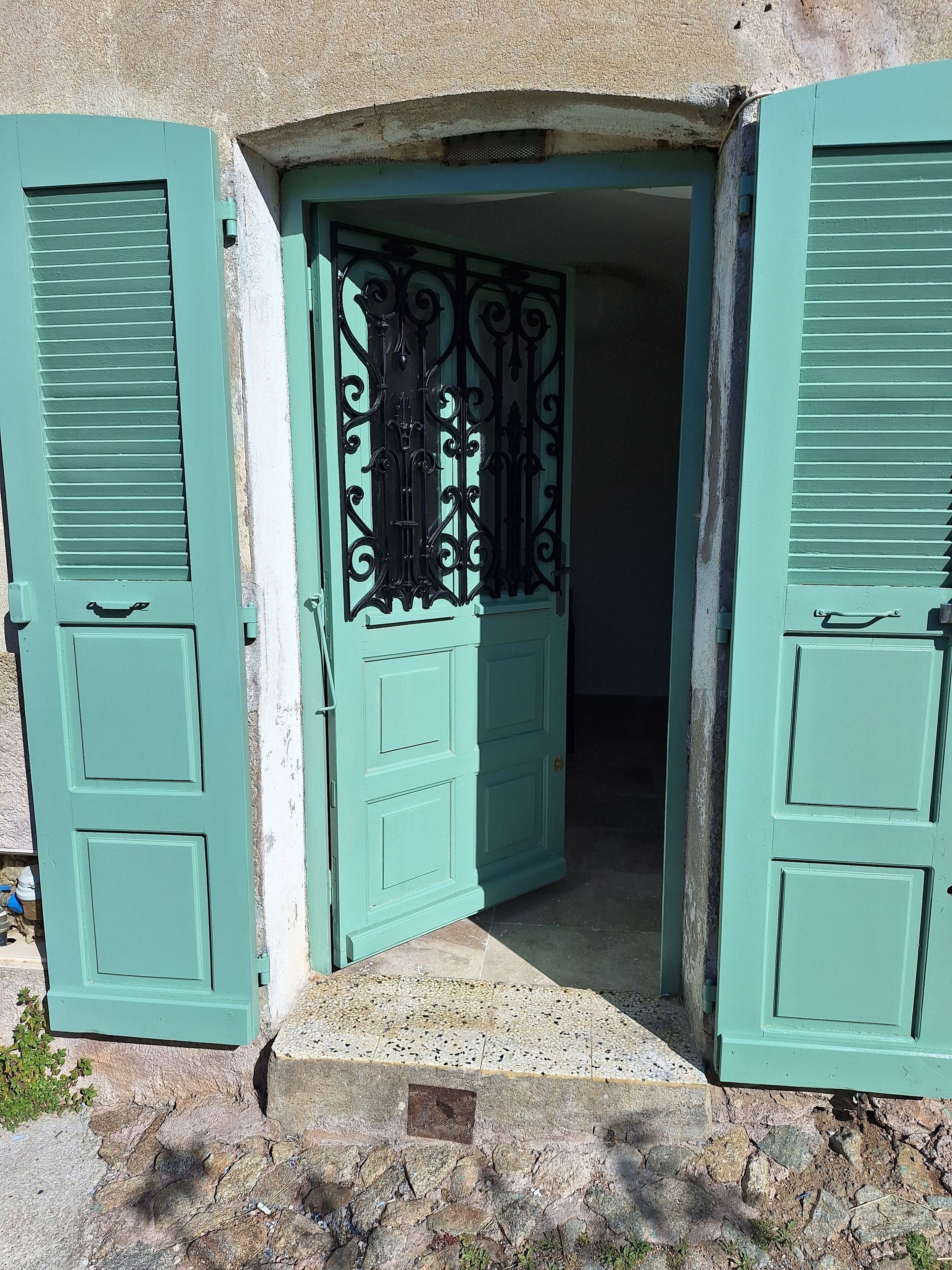 Une porte d’entrée avec des volets verts et un portail en métal décoratif.