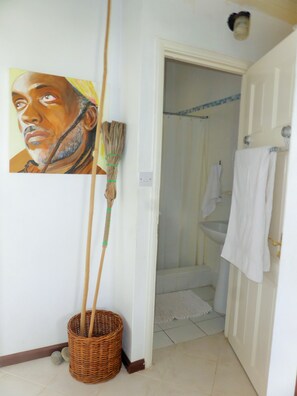 Hair dryer, towels, soap, toilet paper