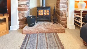 Una chimenea de piedra con estufa de leña, un cubo negro con la etiqueta "ASH" y un televisor sobre un atril de madera.