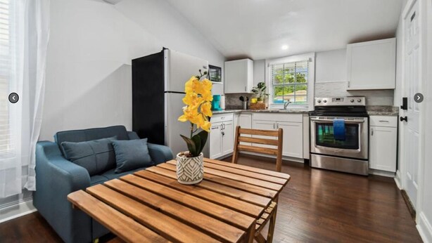 Een knus woongedeelte met een kitchenette, een eethoek met een houten tafel, een bank en een potplant.