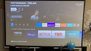 A television screen displaying a live football match between Tottenham and Milan, with a Prime Video logo and various streaming service icons. - Presbyterian House with Terrace - Via Farini Isola (Milano)