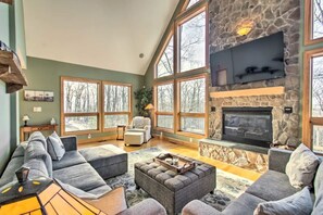 Smart TV, fireplace, books