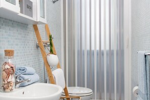 Douche, sĂšche-cheveux, bidet, serviettes fournies