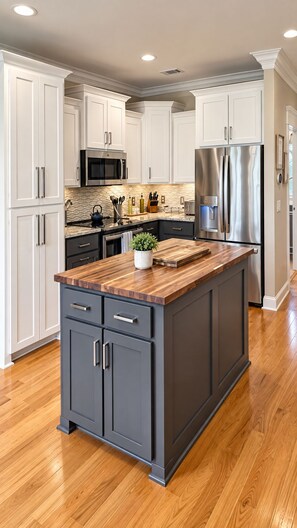 A modern kitchen with white cabinetry, a central island, stainless steel appliances, and wooden flooring. - Waterfront w/ Pool & Hot Tub - 10 Min to Downtown (Savannah)