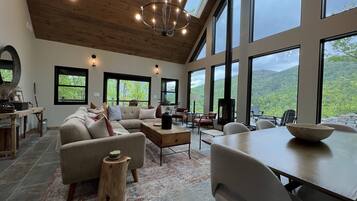 Smart TV, fireplace, books, stereo