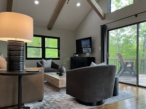 Smart TV, fireplace, books, stereo