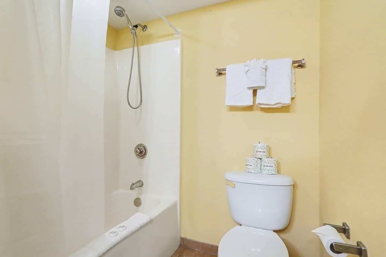A bathroom with a bathtub, toilet, and towel rack.