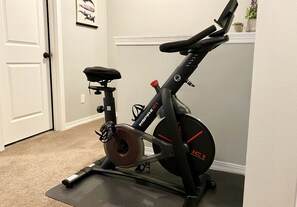 Un vélo d’appartement dans une pièce avec une porte et une petite plante accrochée au mur.