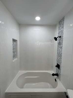 Hair dryer, towels, soap, shampoo
