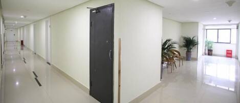 A long, narrow hallway with a closed door on the left, a plant on the right, and a bright window at the end.