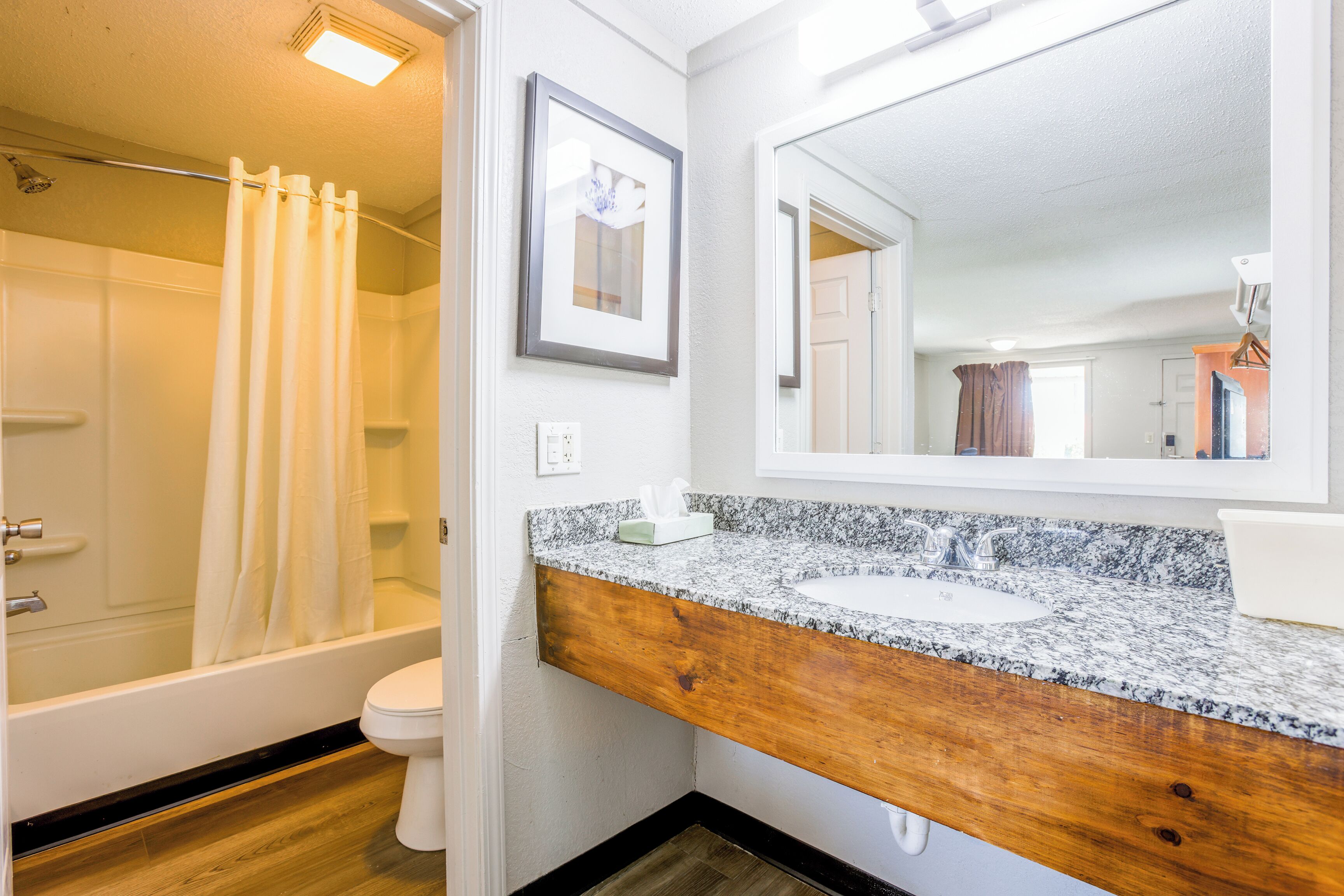 A bathroom with a wooden vanity, a large mirror, a bathtub, and a shower curtain.