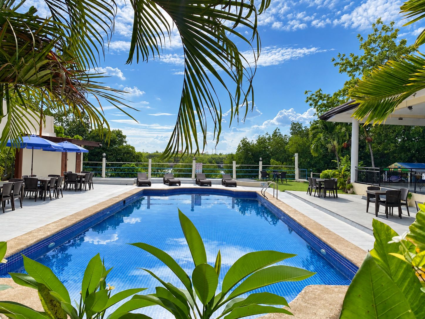 Piscina rectangular con borde de azulejos, rodeada de sillones de descanso y mesas, con palmeras y follaje en el fondo.