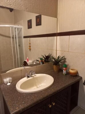 Une salle de bain avec un comptoir en granit, un lavabo blanc, un miroir et une douche visible au fond.