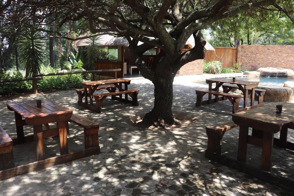 Área de pátio ao ar livre com mesas e bancos de piquenique de madeira, cercada por árvores e um muro de tijolos.