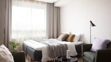 Desk, blackout drapes, soundproofing, iron/ironing board