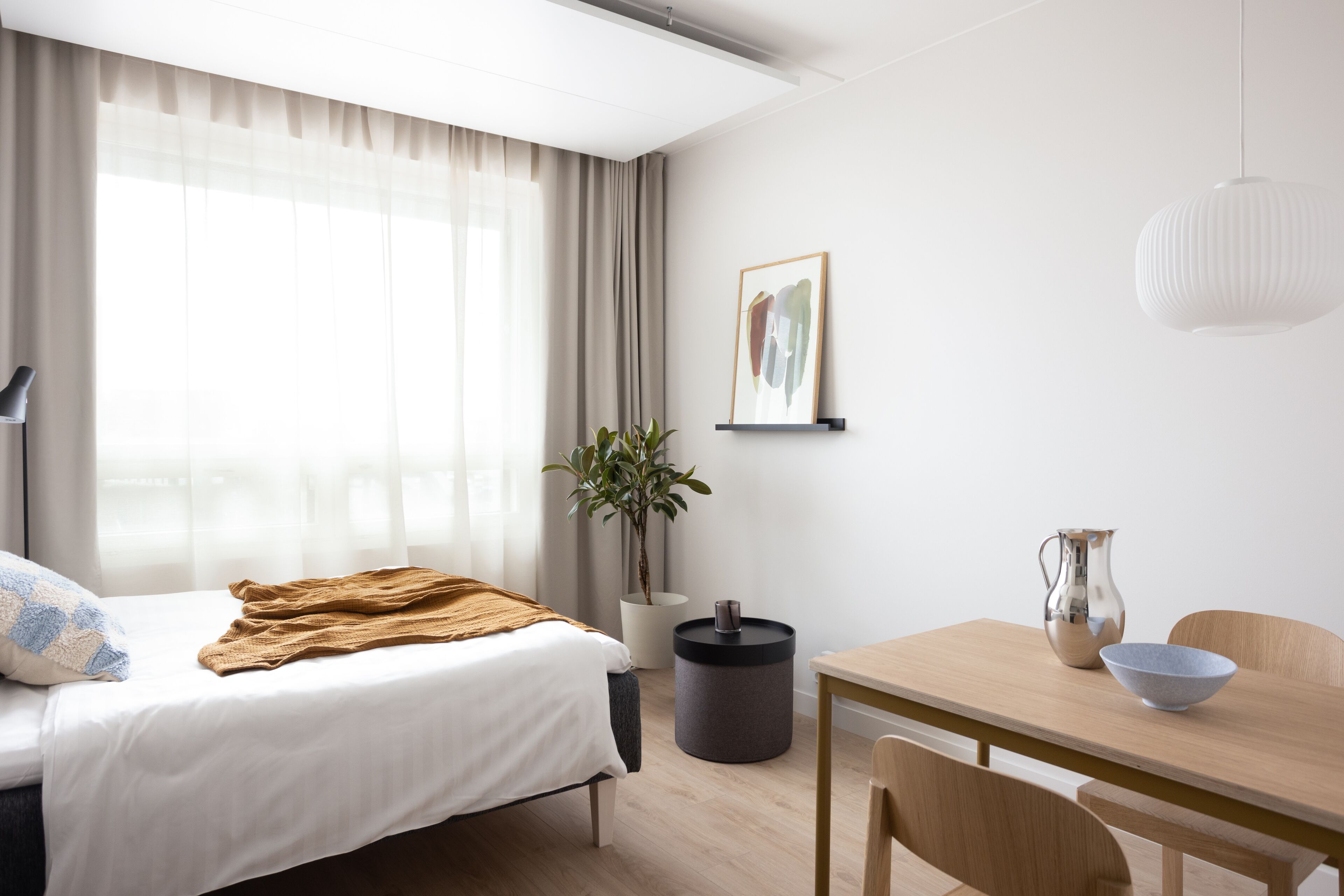 A modern hotel room with a bed, a dining table, a potted plant, and a framed picture on the wall.