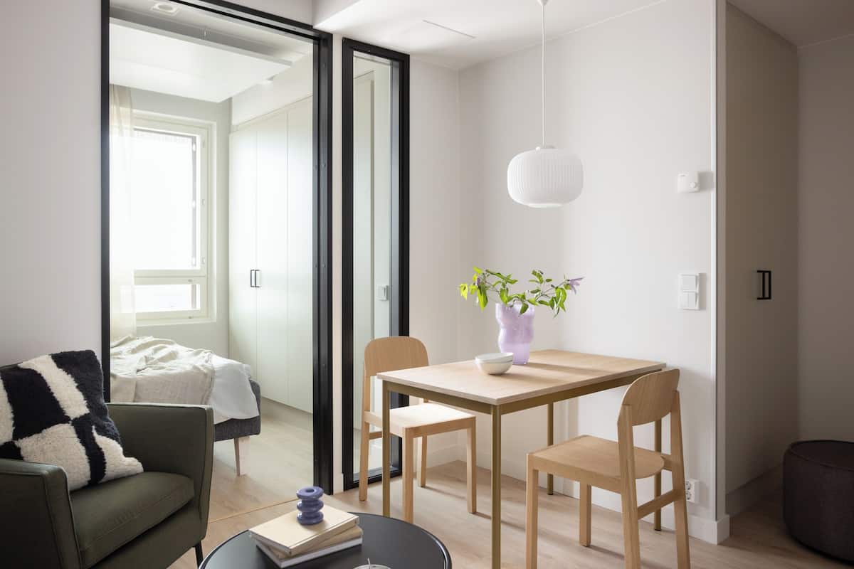 A modern living room with a sofa, a dining table with chairs, a small side table with a book and a decorative item, and a potted plant on the table.