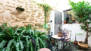A small outdoor patio with a stone wall, a table with chairs, and various potted plants. - Ca Se Predine by Rentallorca (Alcúdia)