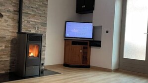 Un salon moderne doté d’un poêle à bois, d’un téléviseur à écran plat et d’une grande fenêtre.