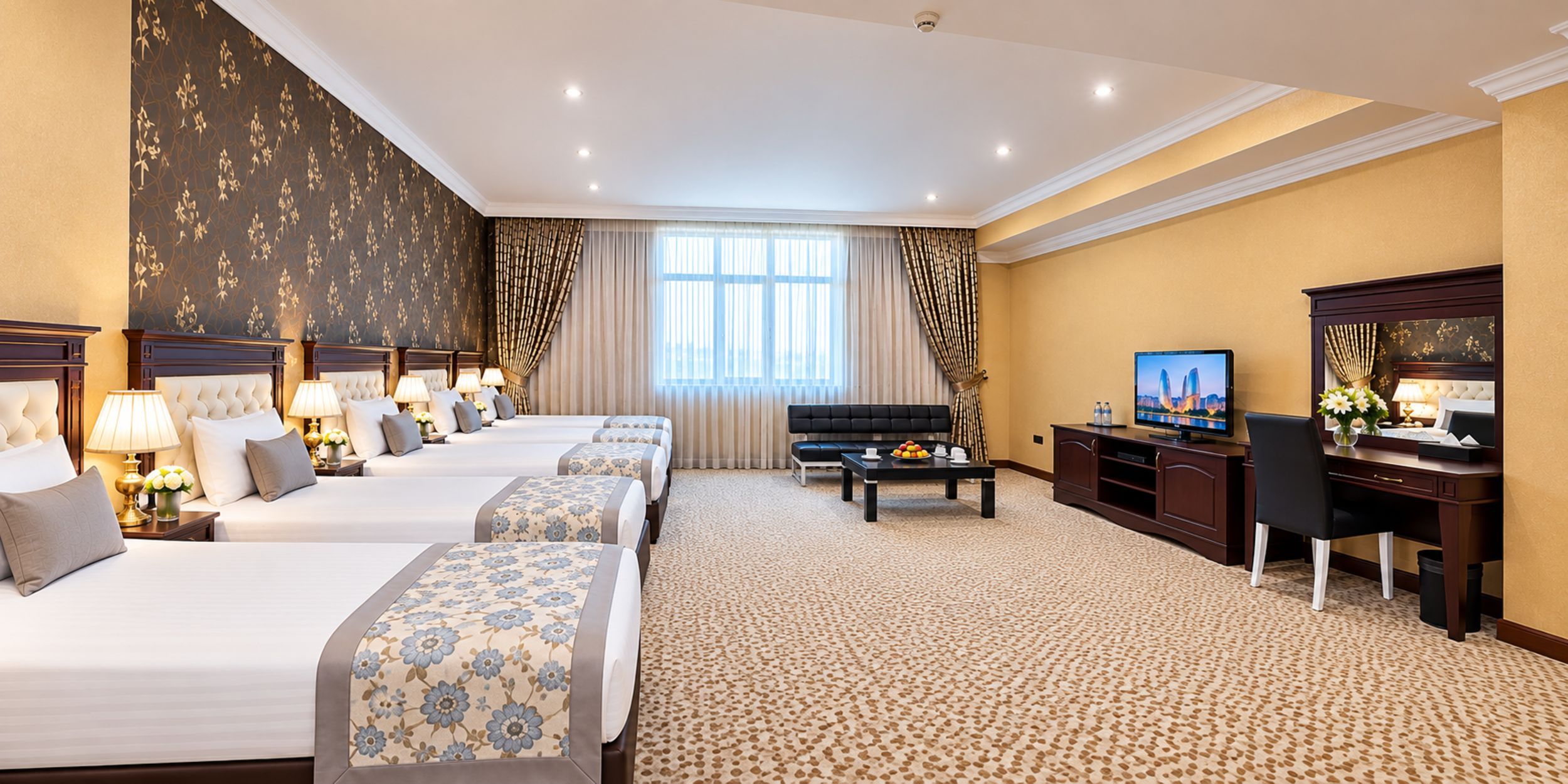 A hotel room with three beds, a television, a desk, and a sofa.