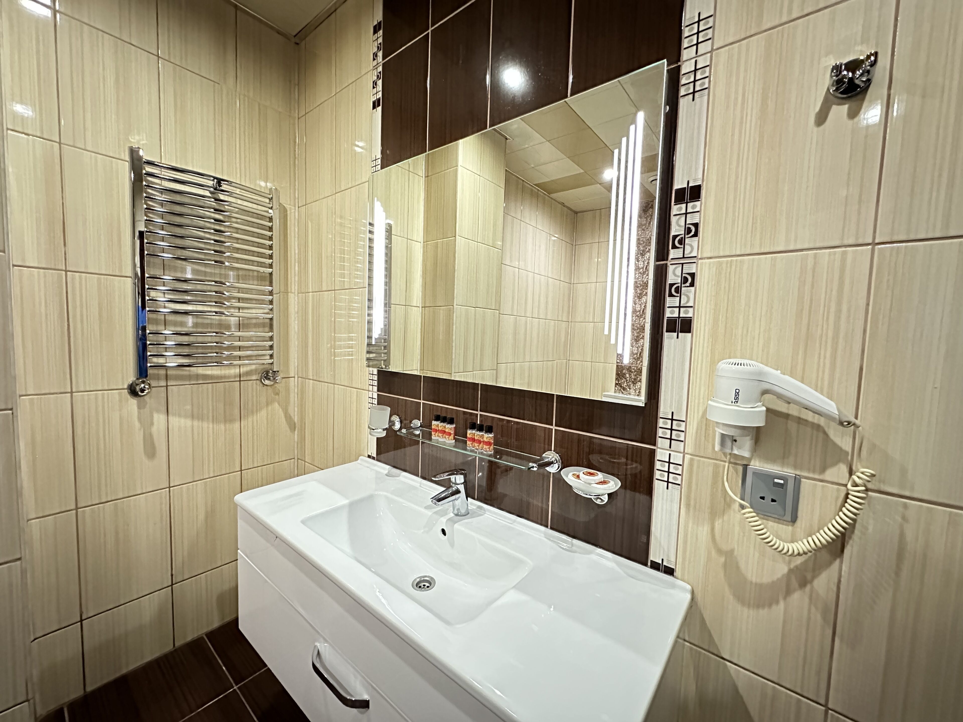 A bathroom with a white sink, a mirror, a towel rack, and a hairdryer.