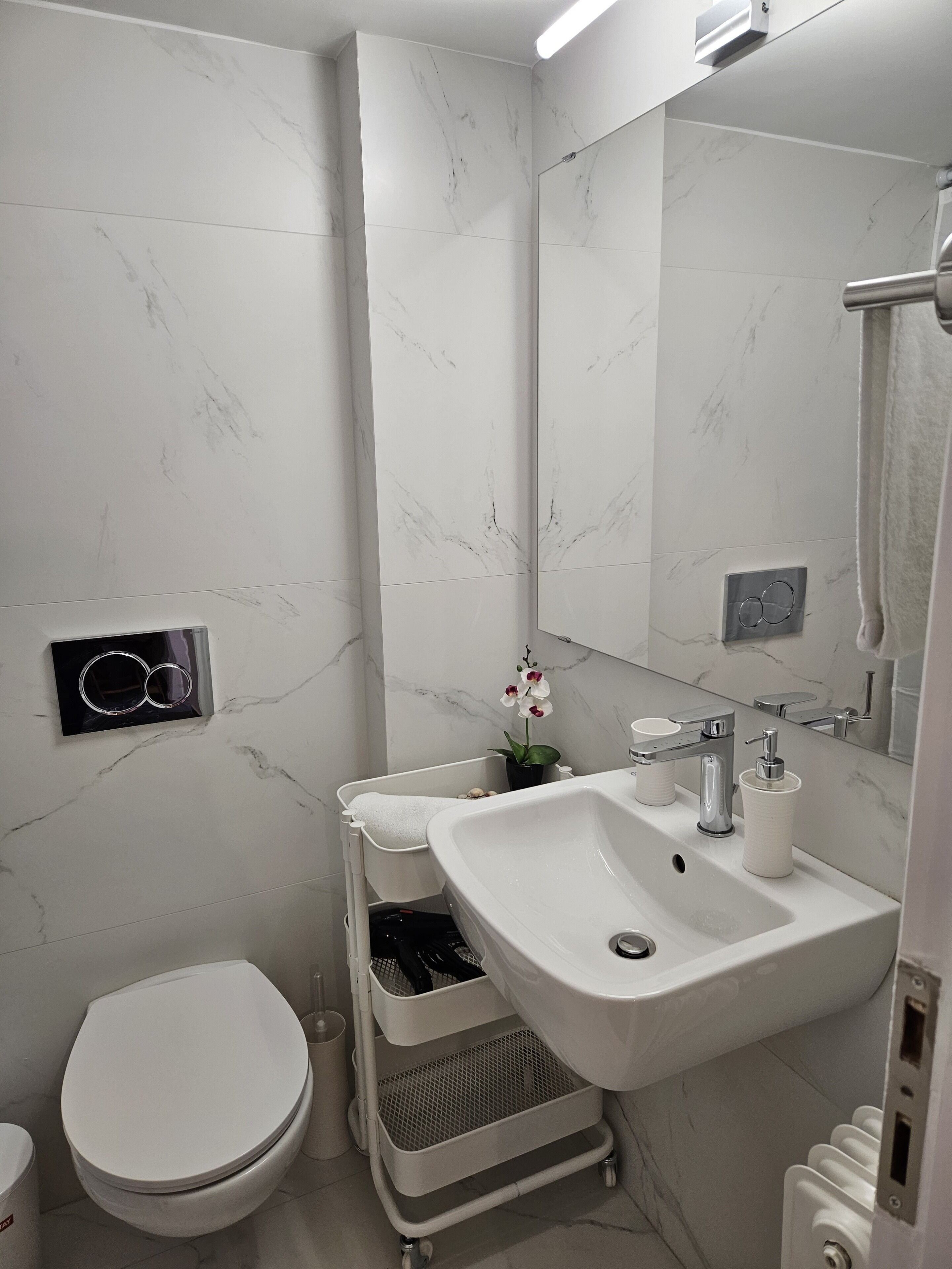 A modern bathroom with a white toilet, a sink with a mirror, and a shower area.